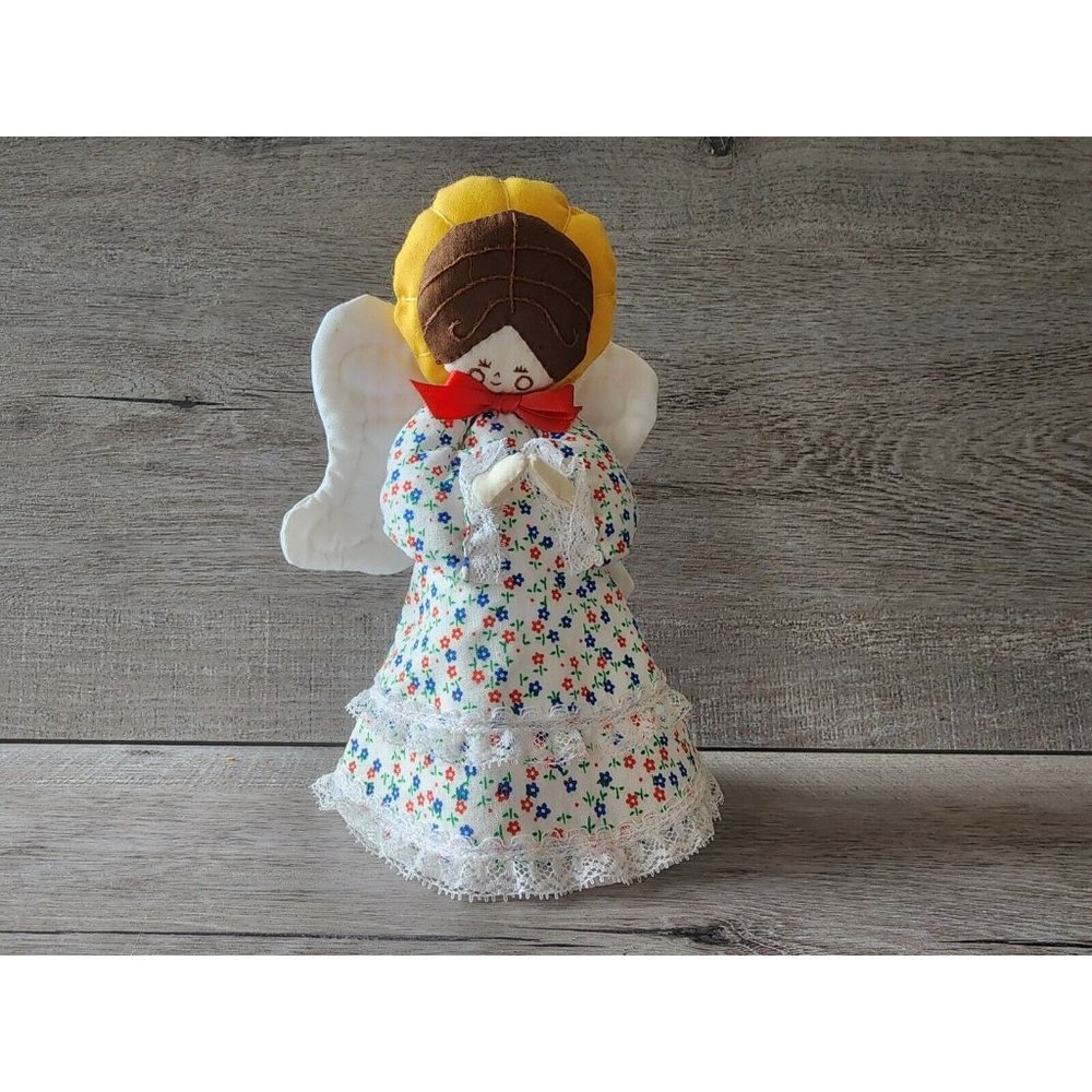 Vintage 1980 Holiday Ornament Tree Topper Soft-Stuffed Calico Fabric Angel 7"